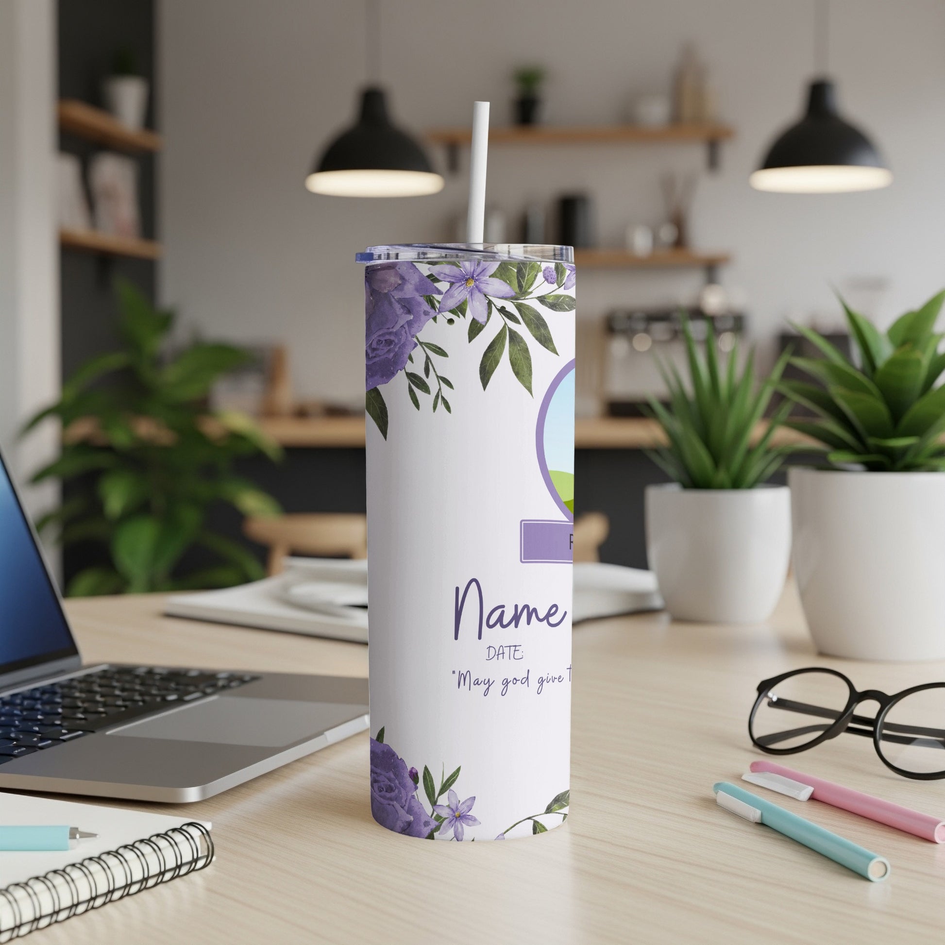 White tumbler with purple floral design, personalized text for "Name" and "Date".