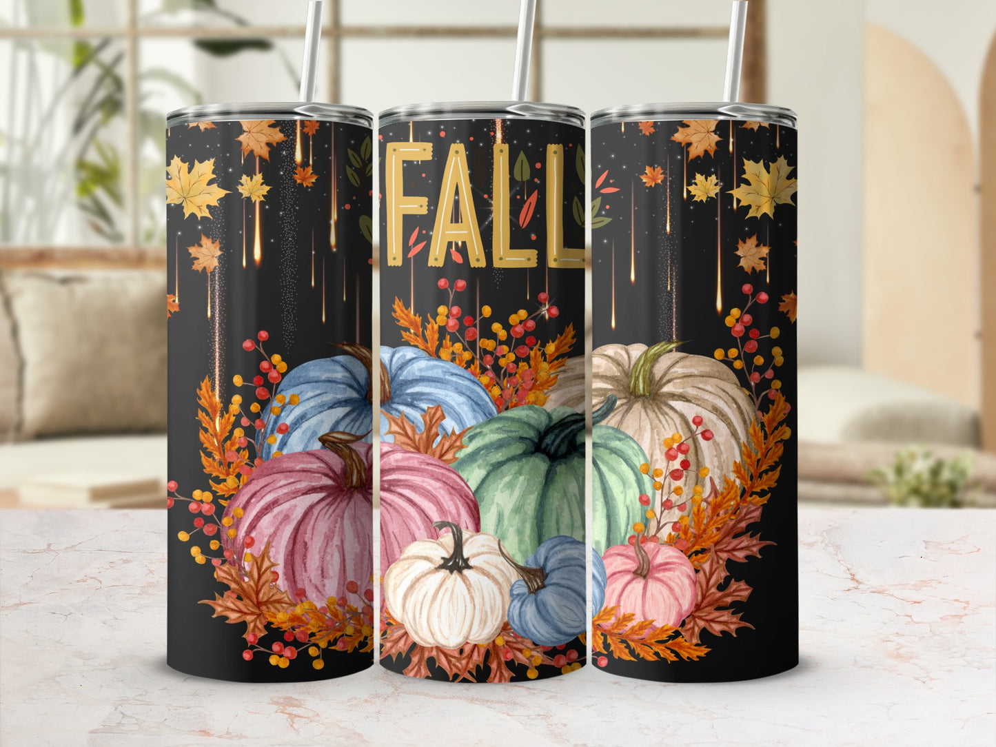 Fall Pumpkins Leaves Design Insulated Tumbler Cup