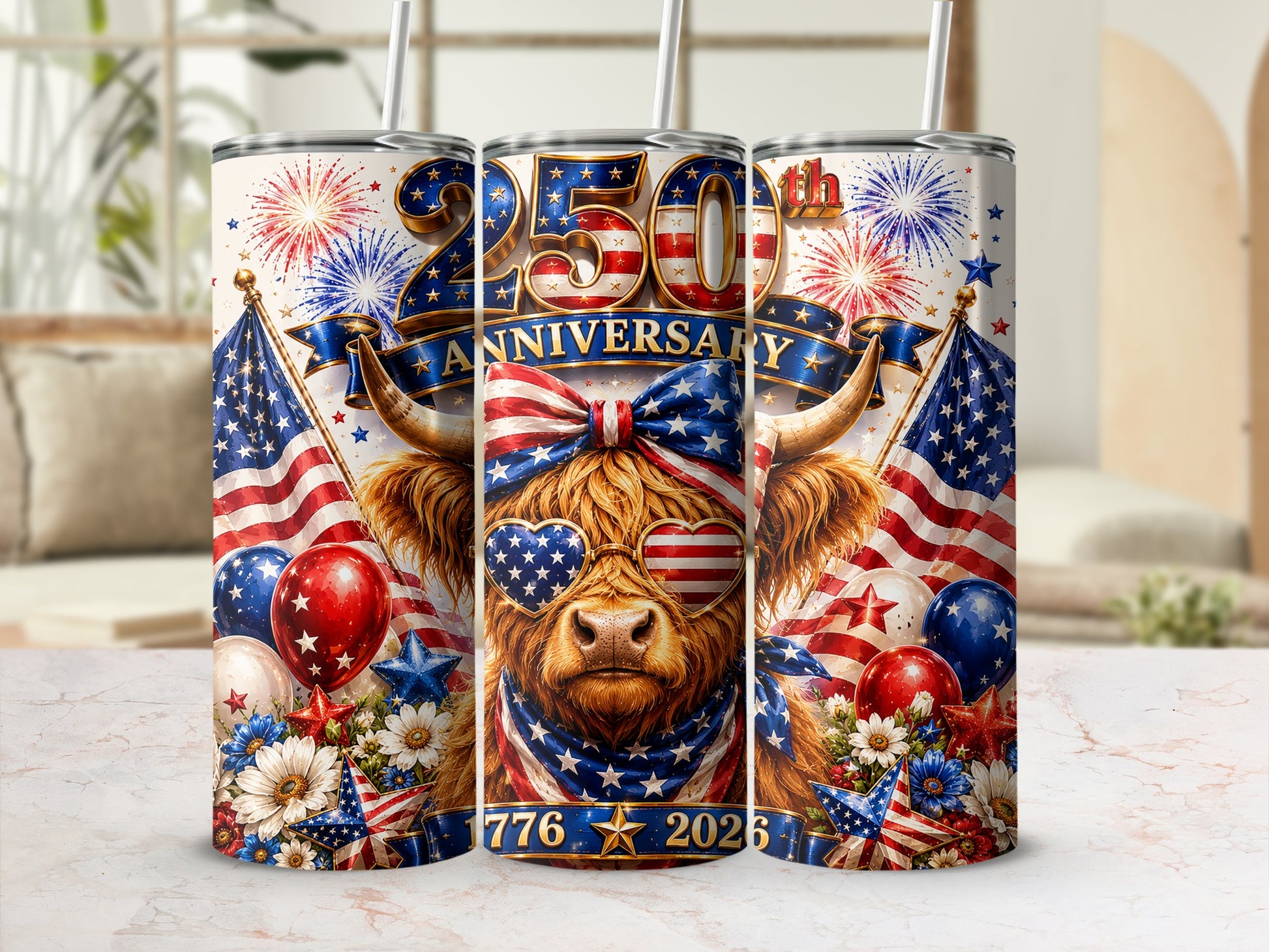250th Anniversary tumbler with patriotic Highland cow and USA flag design.