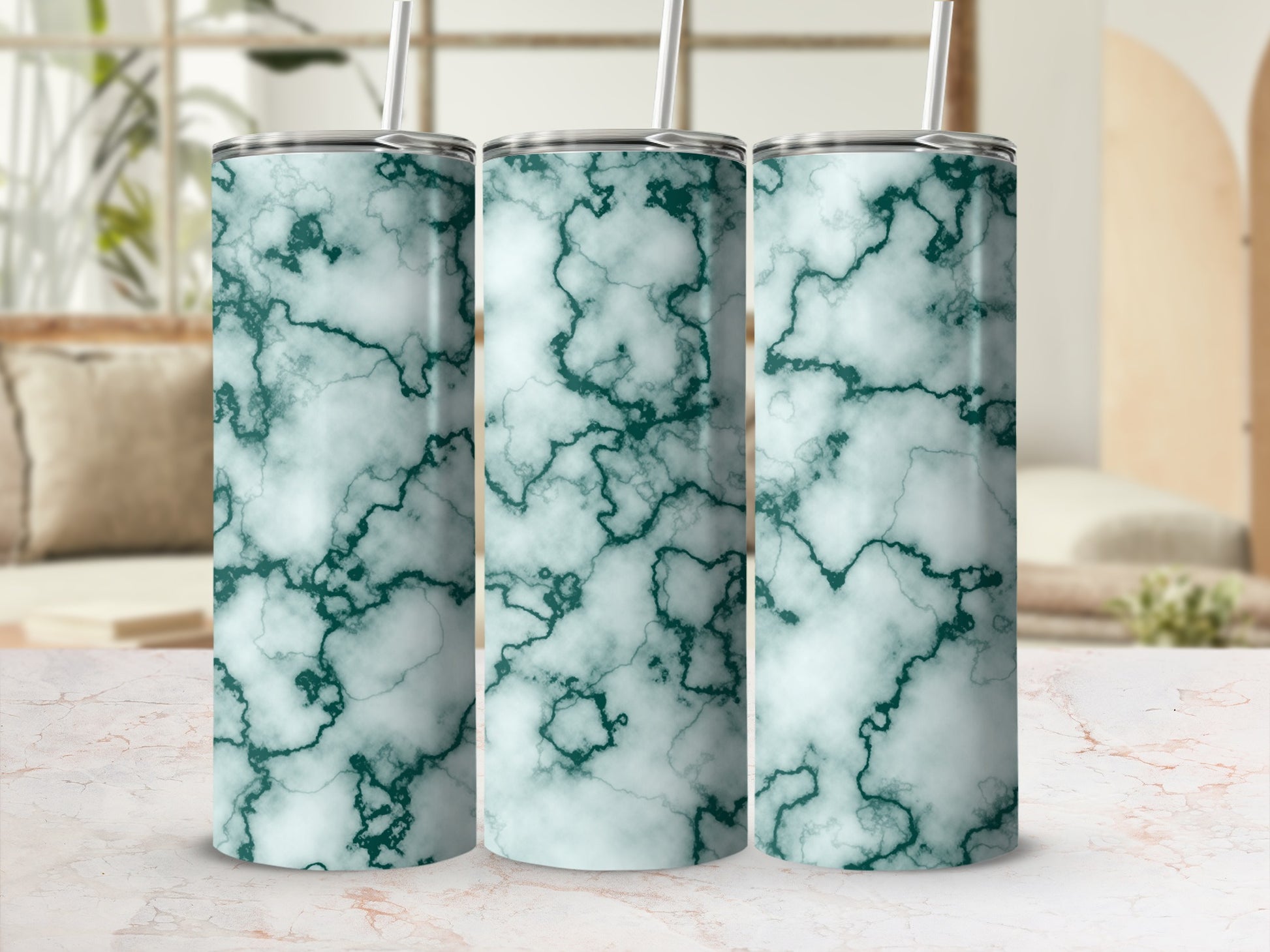 Three tumblers with green marble pattern.