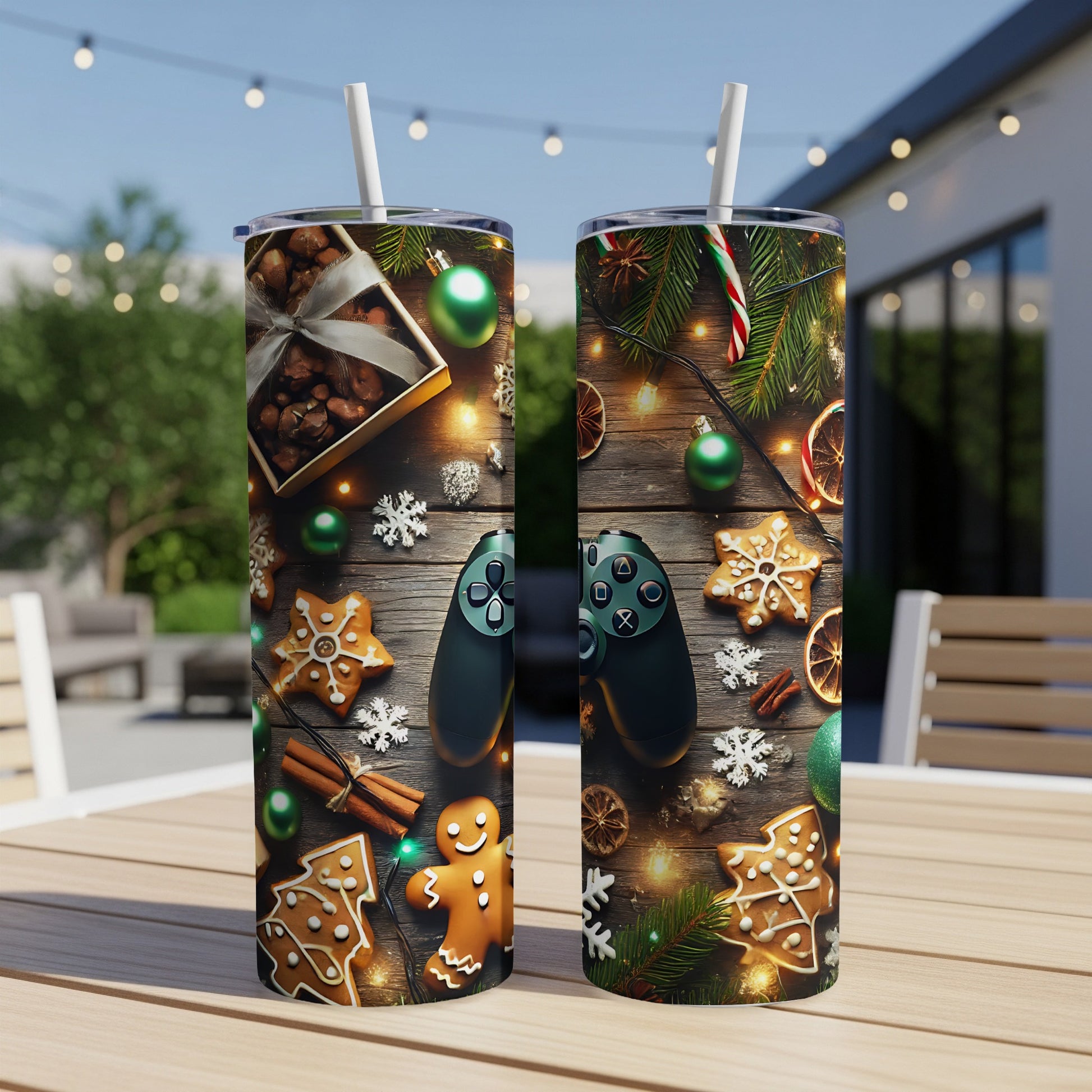 Two tumblers with Christmas-themed gaming and gingerbread designs on a wooden table.