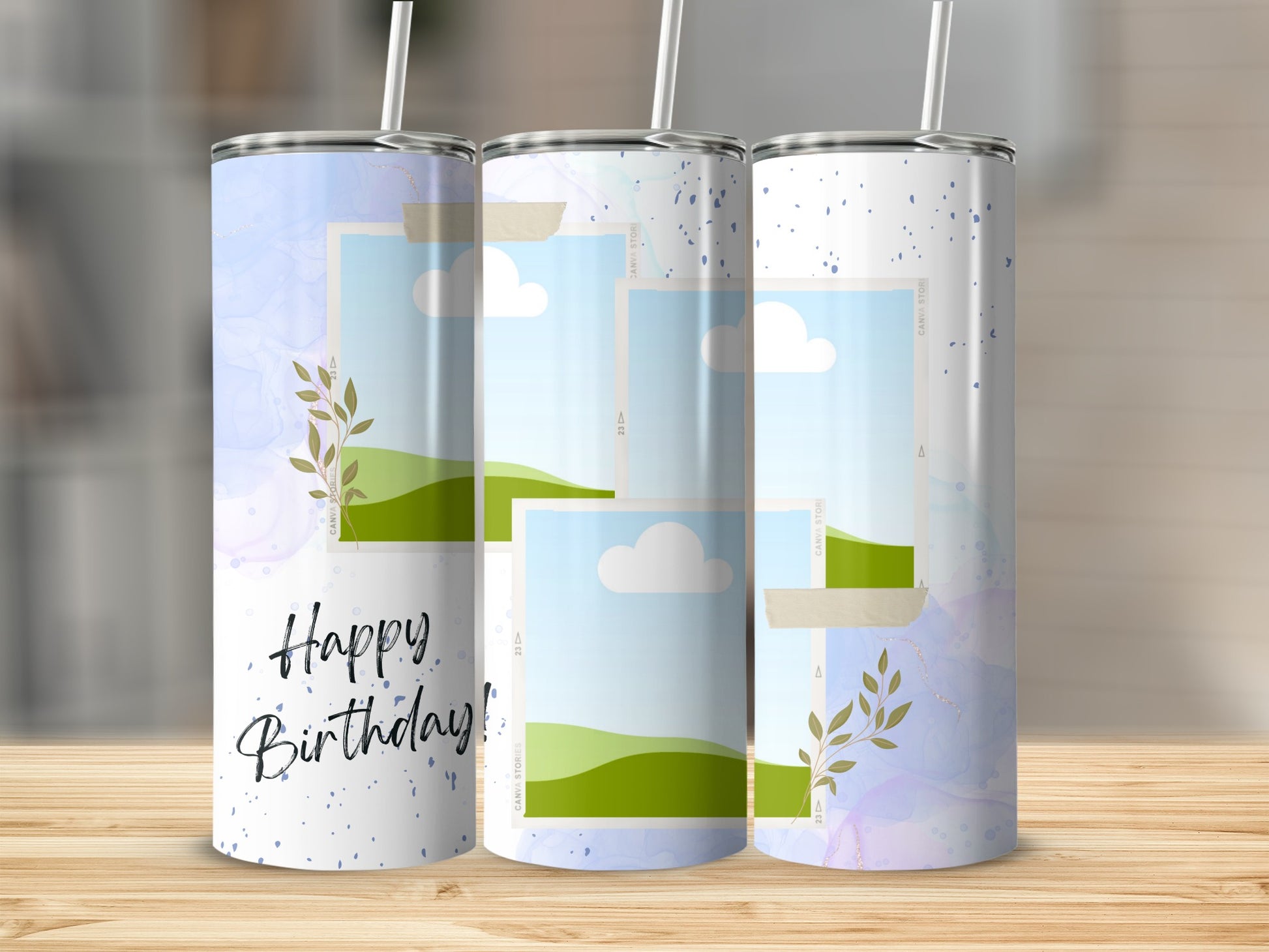 Three tumblers with "Happy Birthday!" text and watercolor designs.