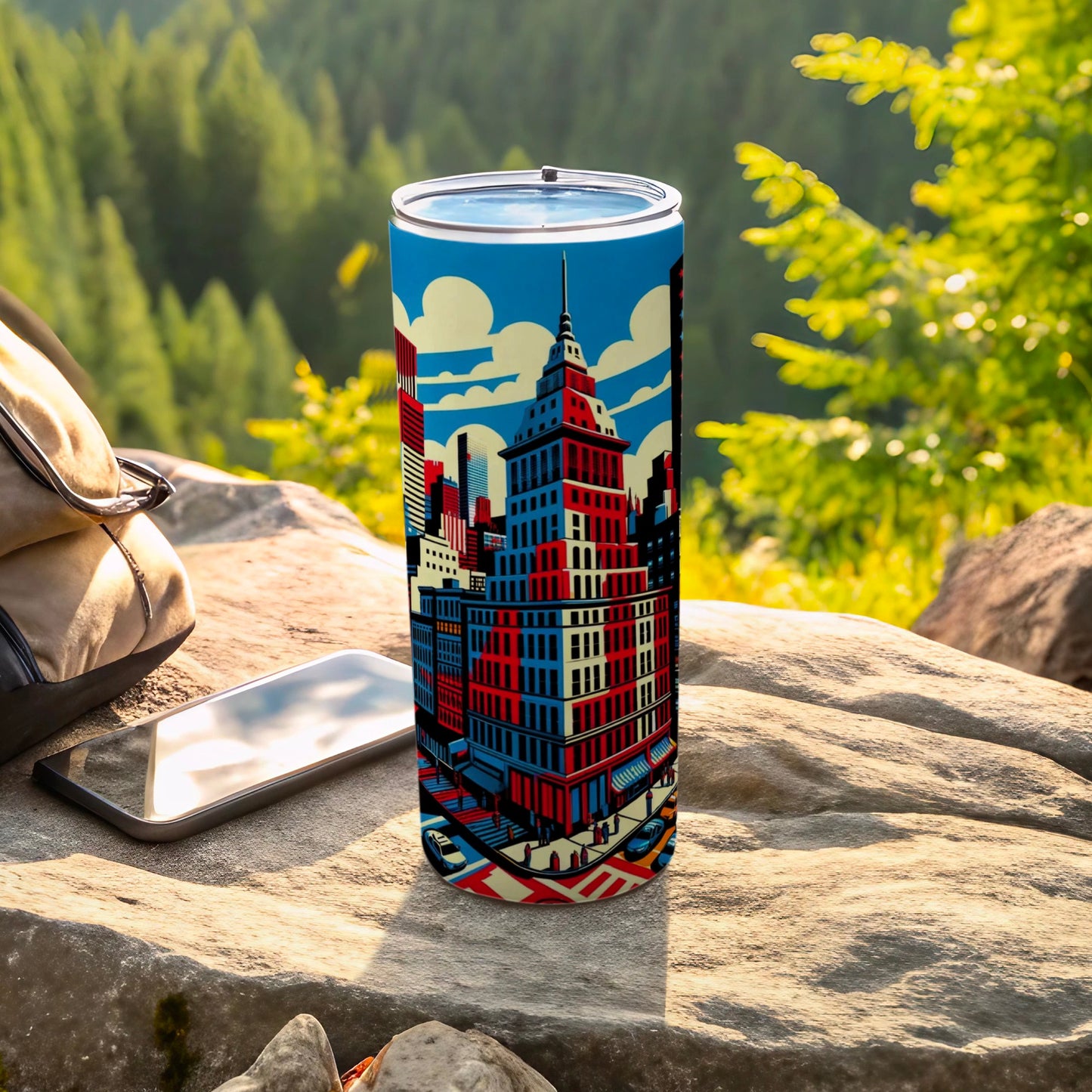Tall tumbler with city skyline design, resting on rocks near a backpack.