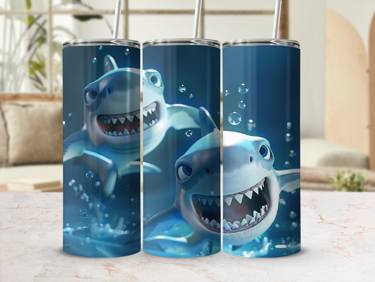 Three cartoon sharks with open mouths swimming in blue water.