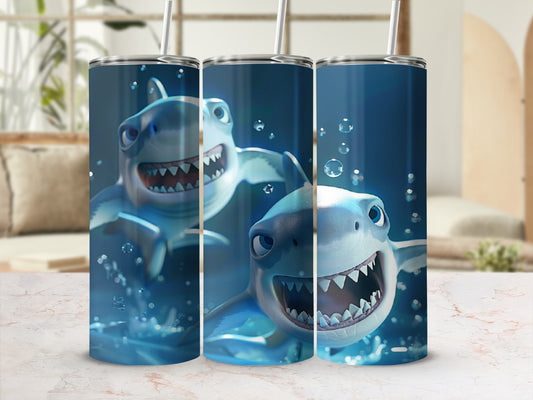 Three cartoon sharks with open mouths swimming in blue water.