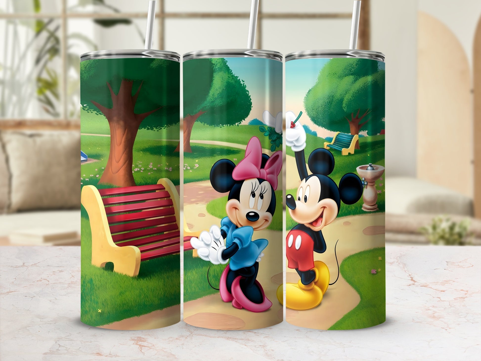 Minnie and Mickey Mouse on tumblers with park background.