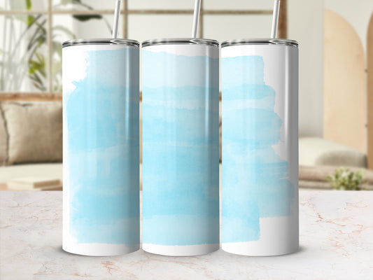 Three white tumblers with abstract light blue watercolor brushstrokes.
