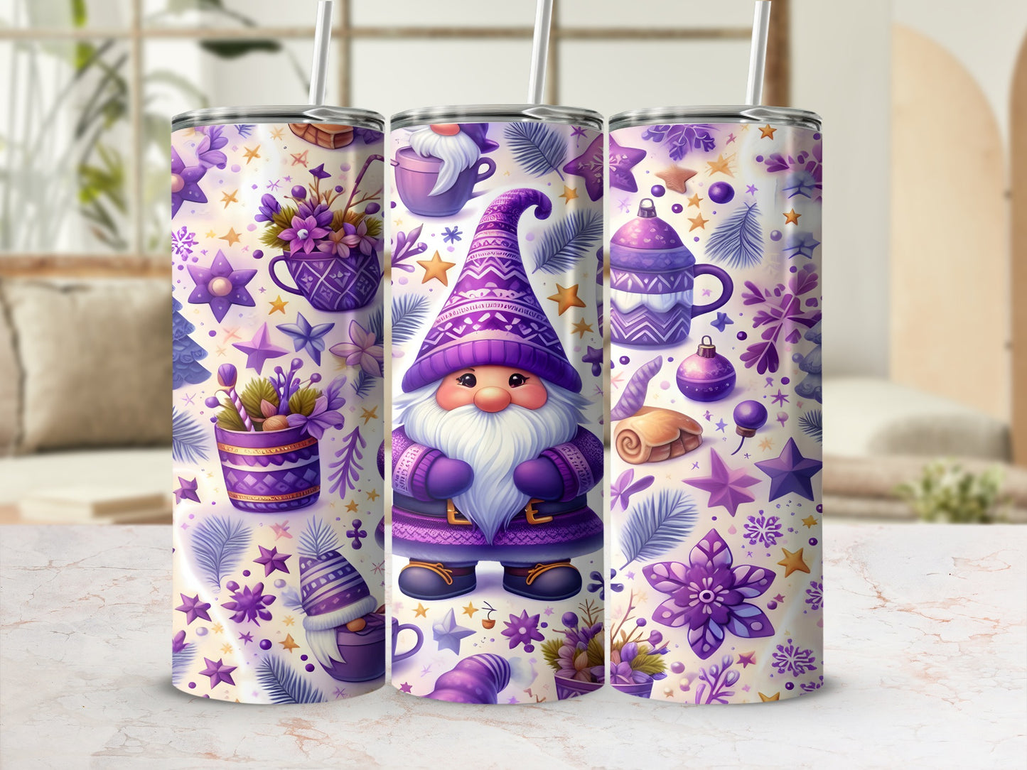 Purple Winter Gnome Tumbler Stars Snowflakes Flowers product type