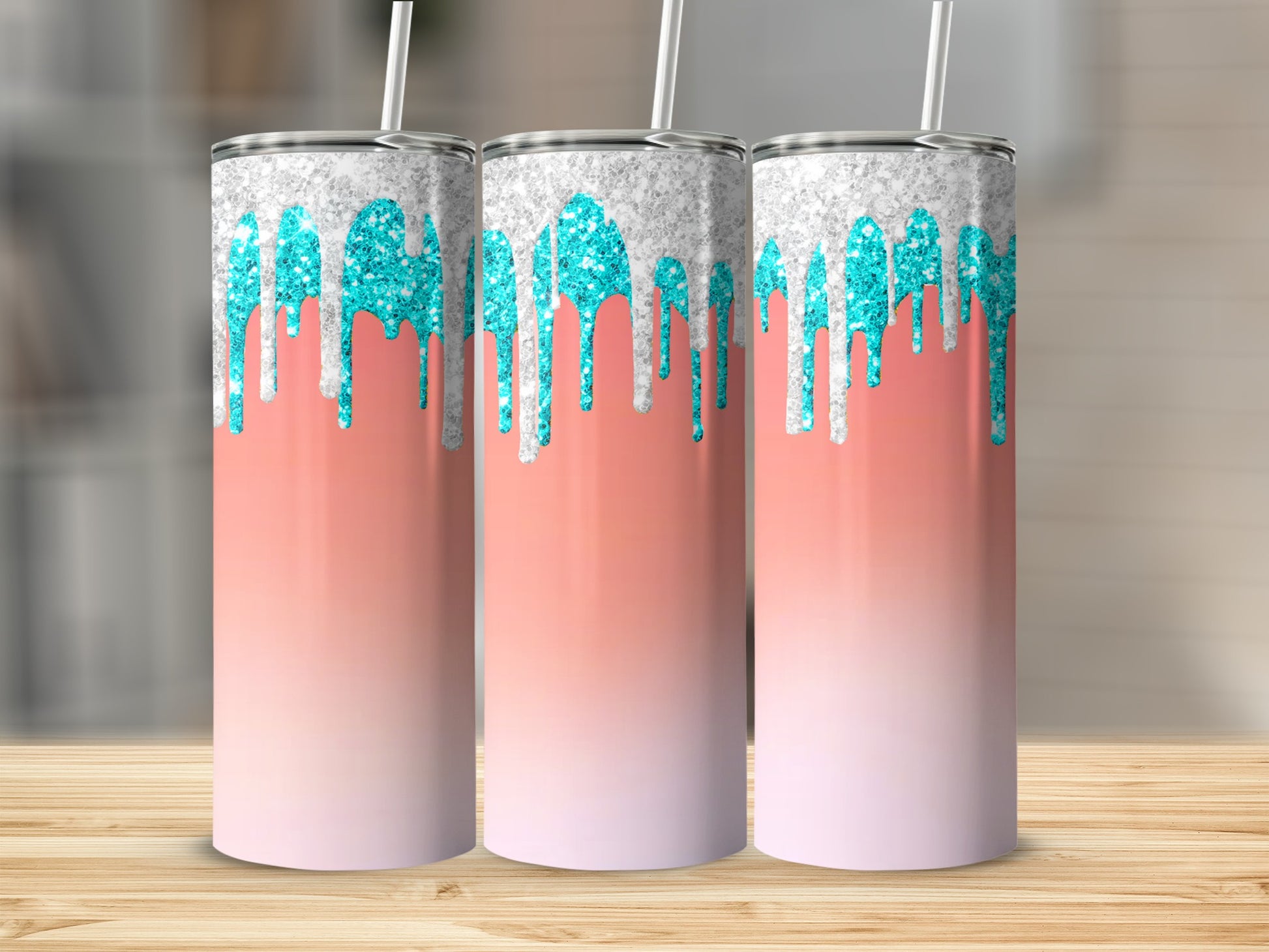 Glitter Silver Teal Drip Peach Pink Ombre Tumbler product type