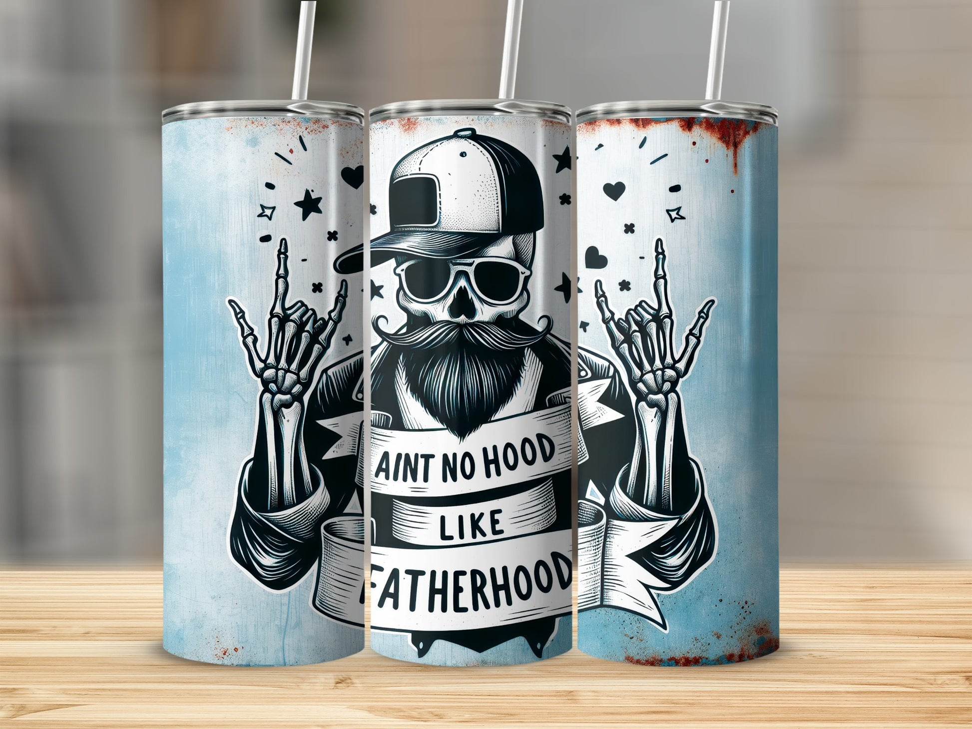 Skeleton dad with beard and tattoos, rocking horns, text "Ain't No Hood Like Fatherhood".
