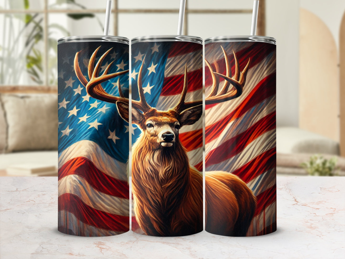 Patriotic Deer and American Flag Design Tumbler