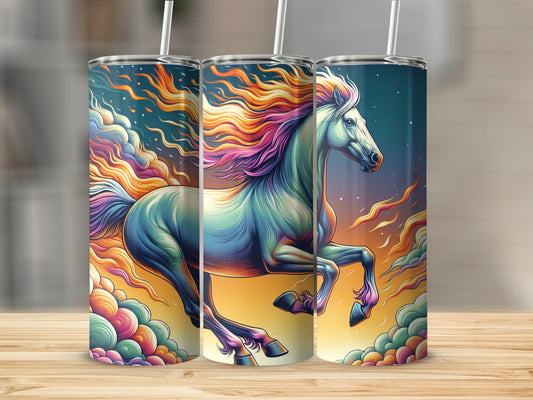 Three tumblers with a colorful horse in clouds and flames design.