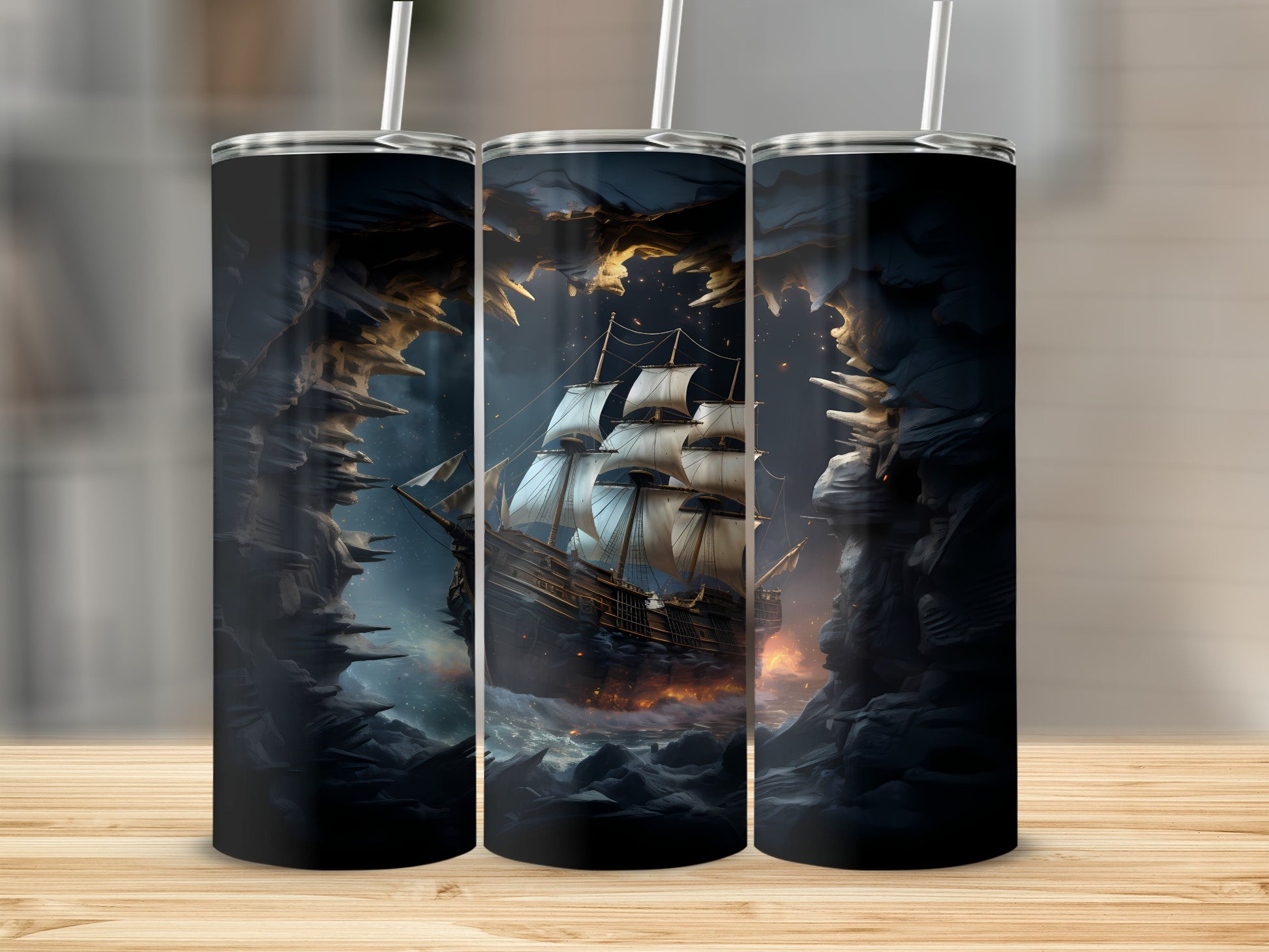 Tall tumbler featuring a sailing ship in a stormy sea.