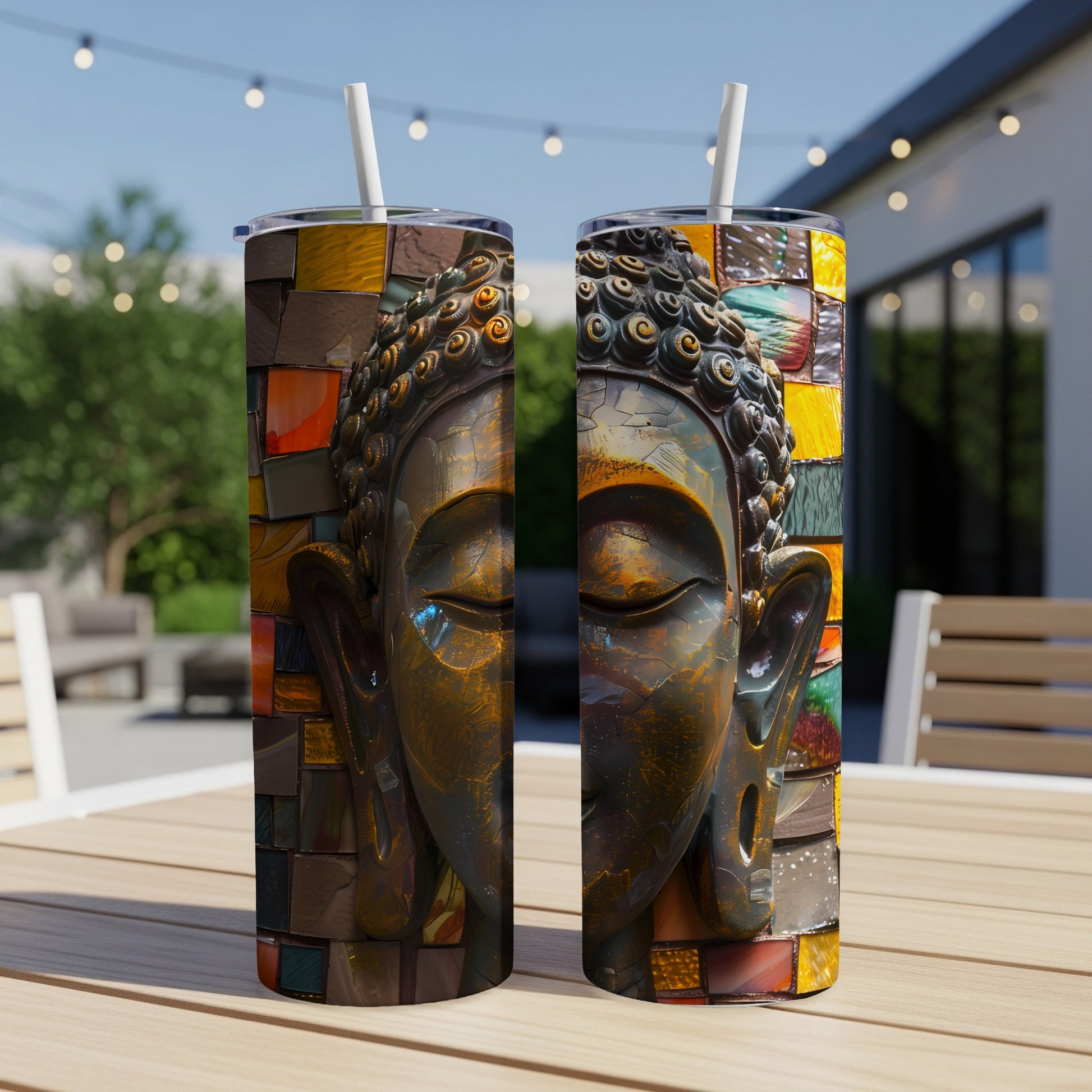 Two tumblers with a mosaic Buddha face design on a wooden table.