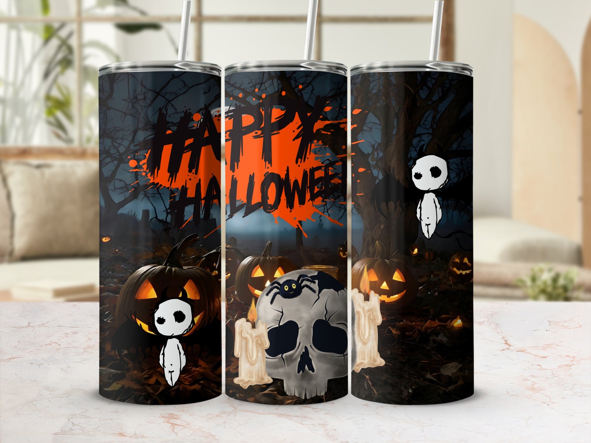 Three tumblers feature a Halloween design with pumpkins, skulls, ghosts, and text.
