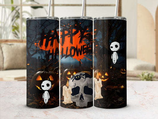 Three tumblers feature a Halloween design with pumpkins, skulls, ghosts, and text.