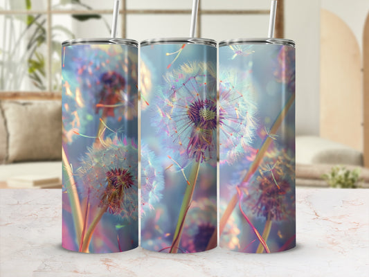 Three tumblers decorated with a close-up floral dandelion seed head pattern.