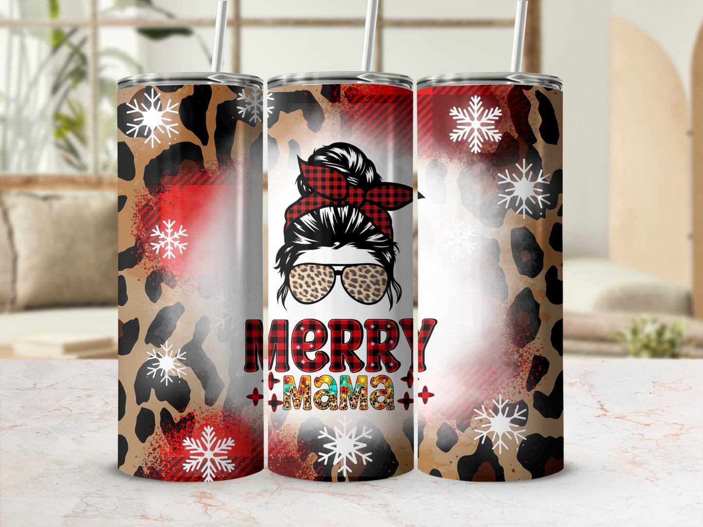 Leopard print tumbler with snowflakes and "Merry Mama" text.
