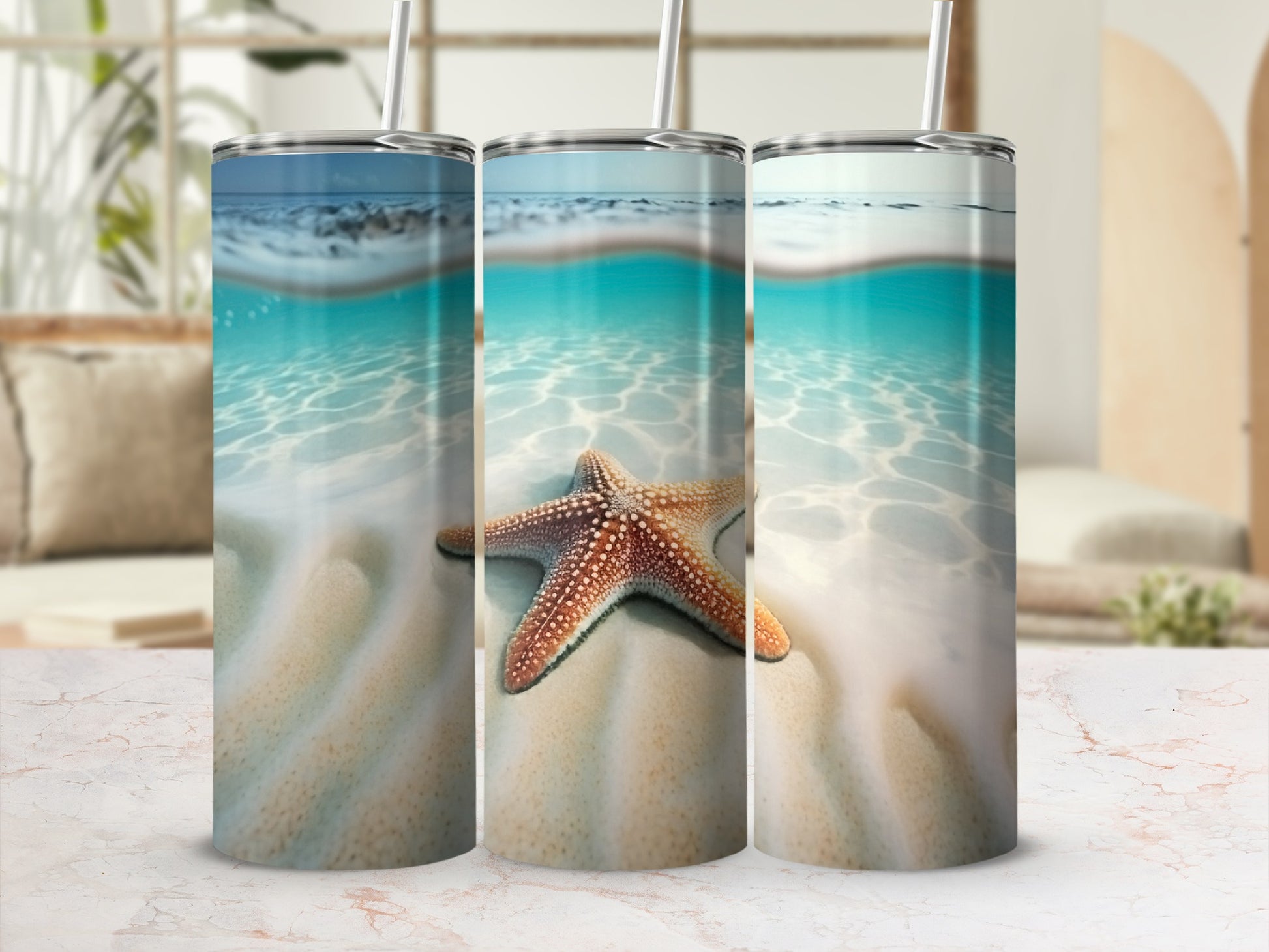Beautiful Tropical Beach Scene Starfish Tumbler