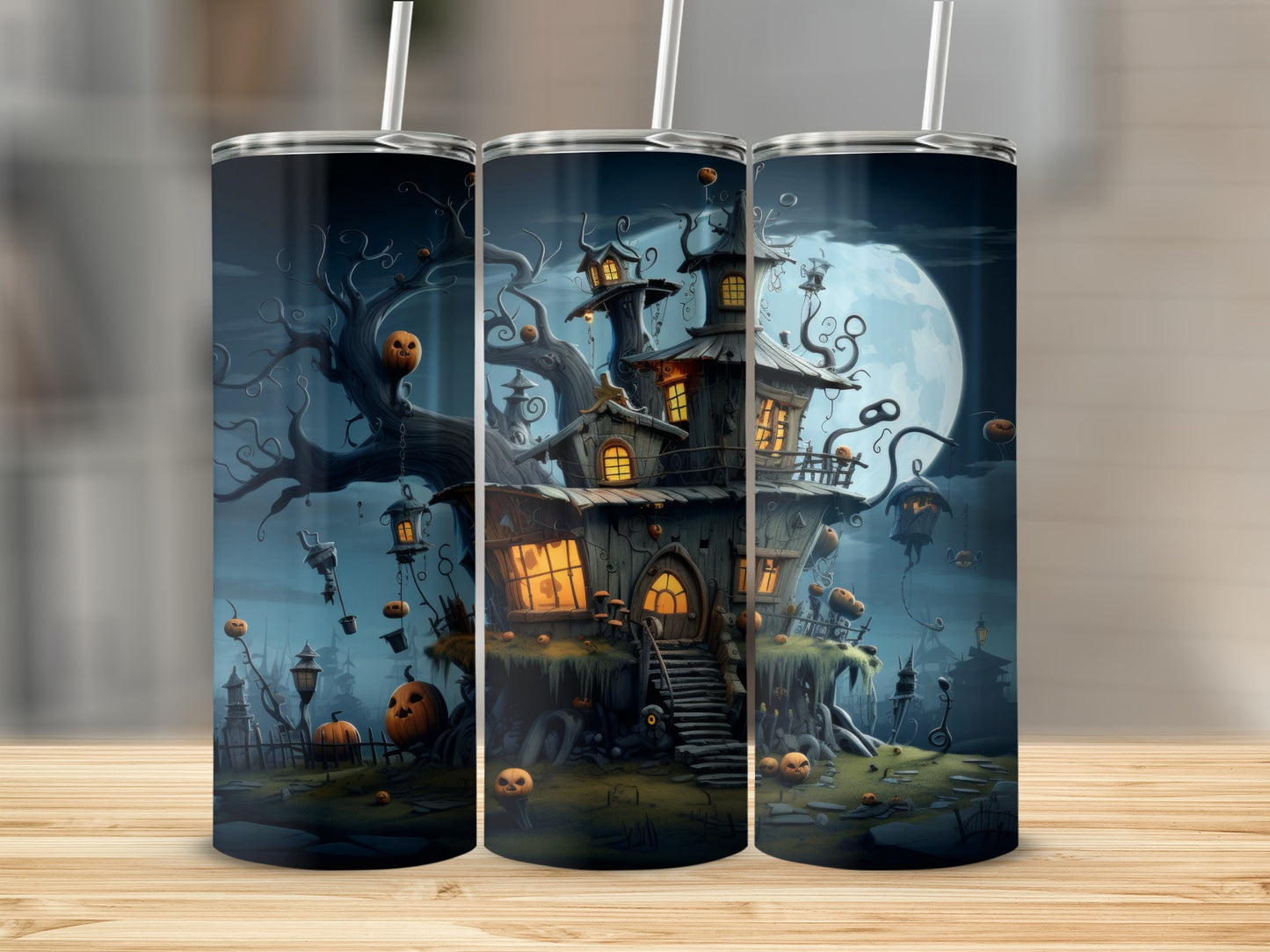 Tumbler wrap with spooky haunted house, jack-o'-lanterns, and full moon.