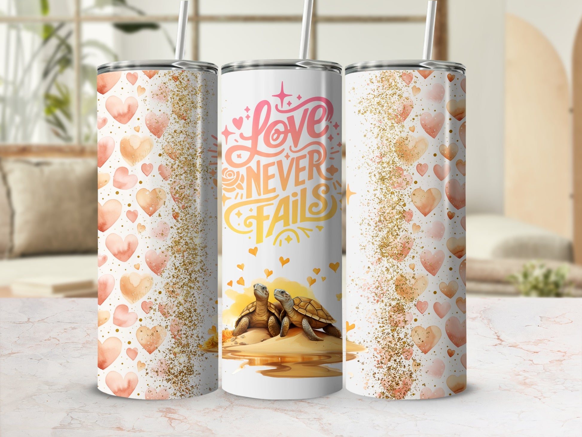 Love Never Fails Turtle Hearts and Glitter Tumblers