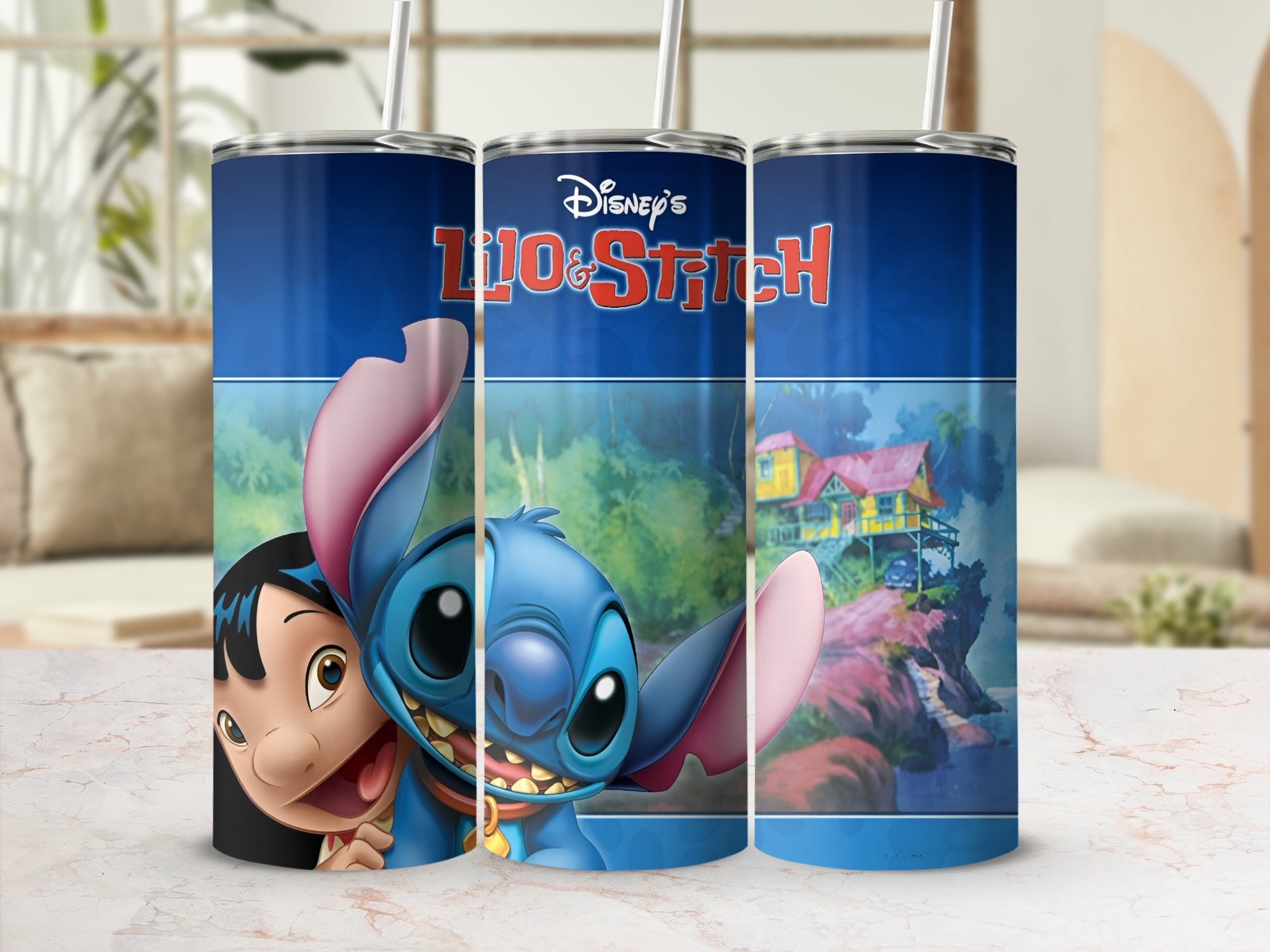 Lilo and Stitch characters with tropical background on a blue tumbler.