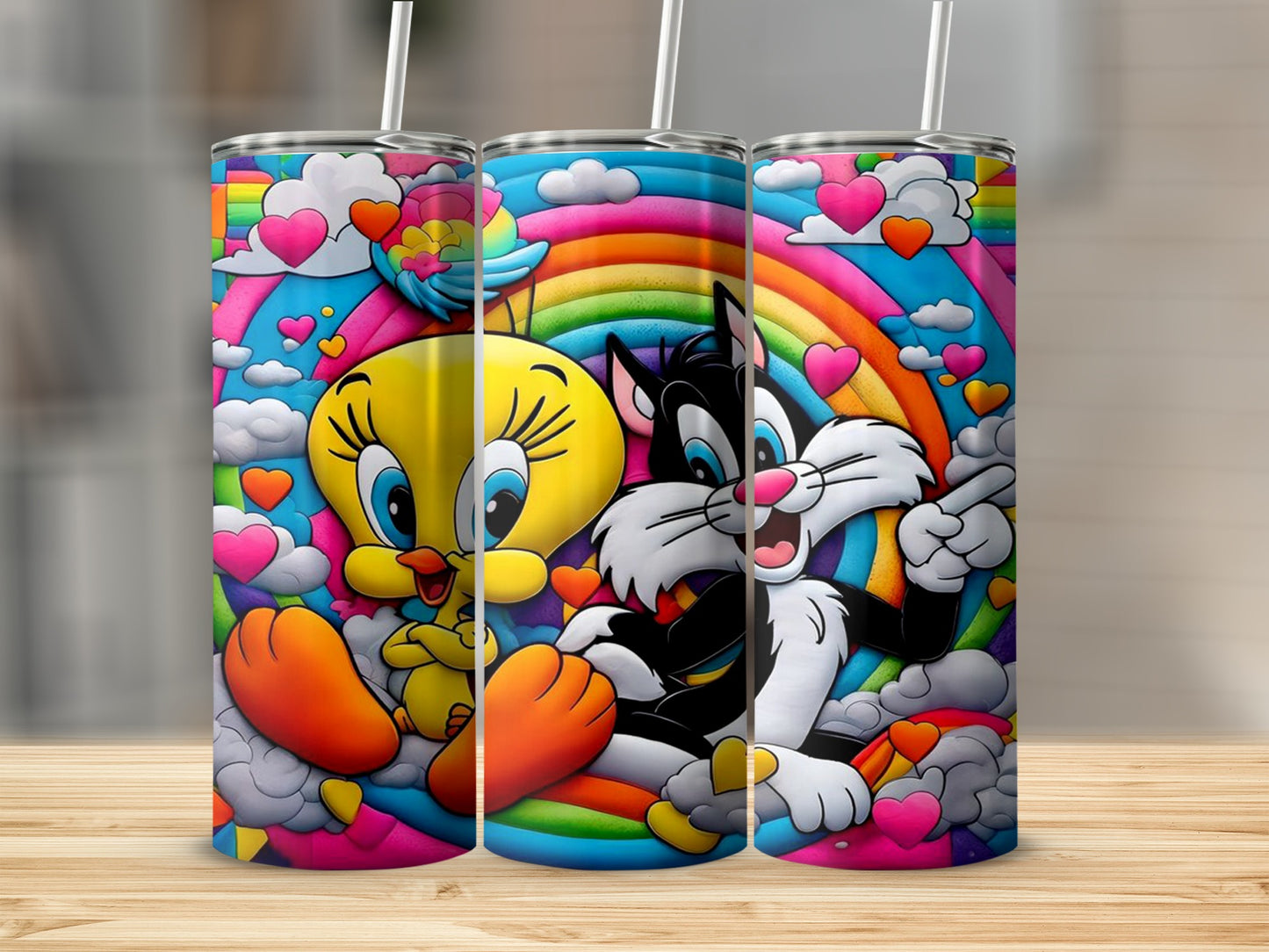 Colorful Cartoon Characters and Rainbows Tumbler Product