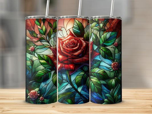 Three tumblers featuring stained glass rose and leaf designs.