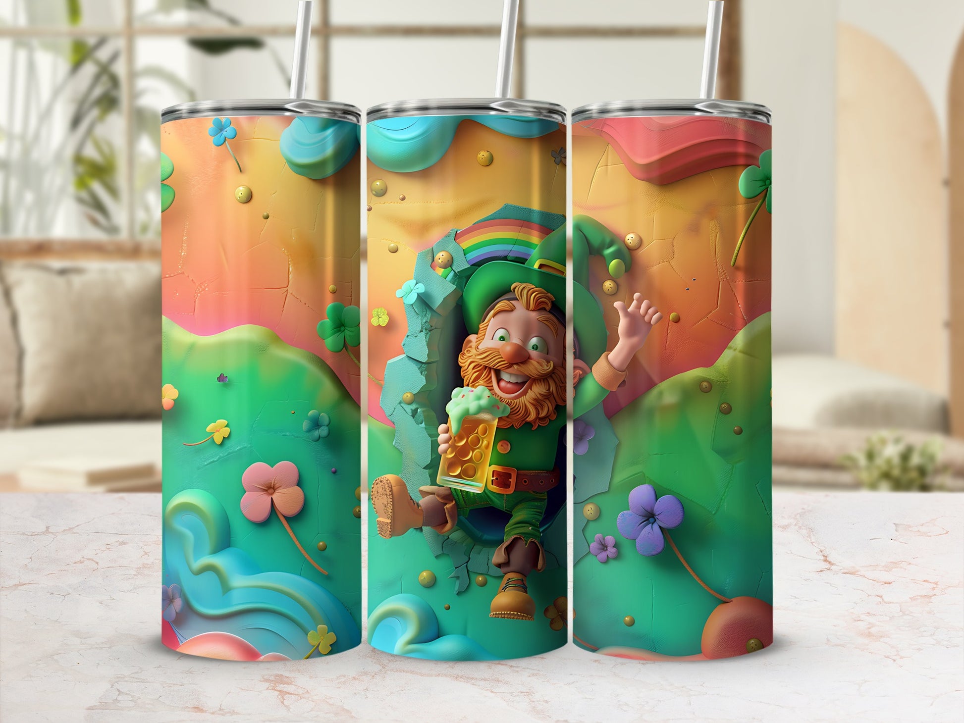 Leprechaun holding a beer mug, emerging from a colorful, abstract background.