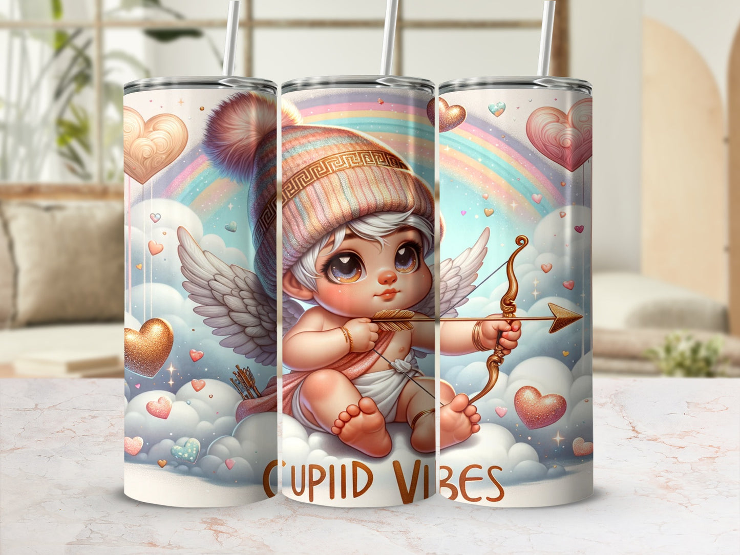 Cute Cupid Vibes with Hearts and Rainbow Tumbler