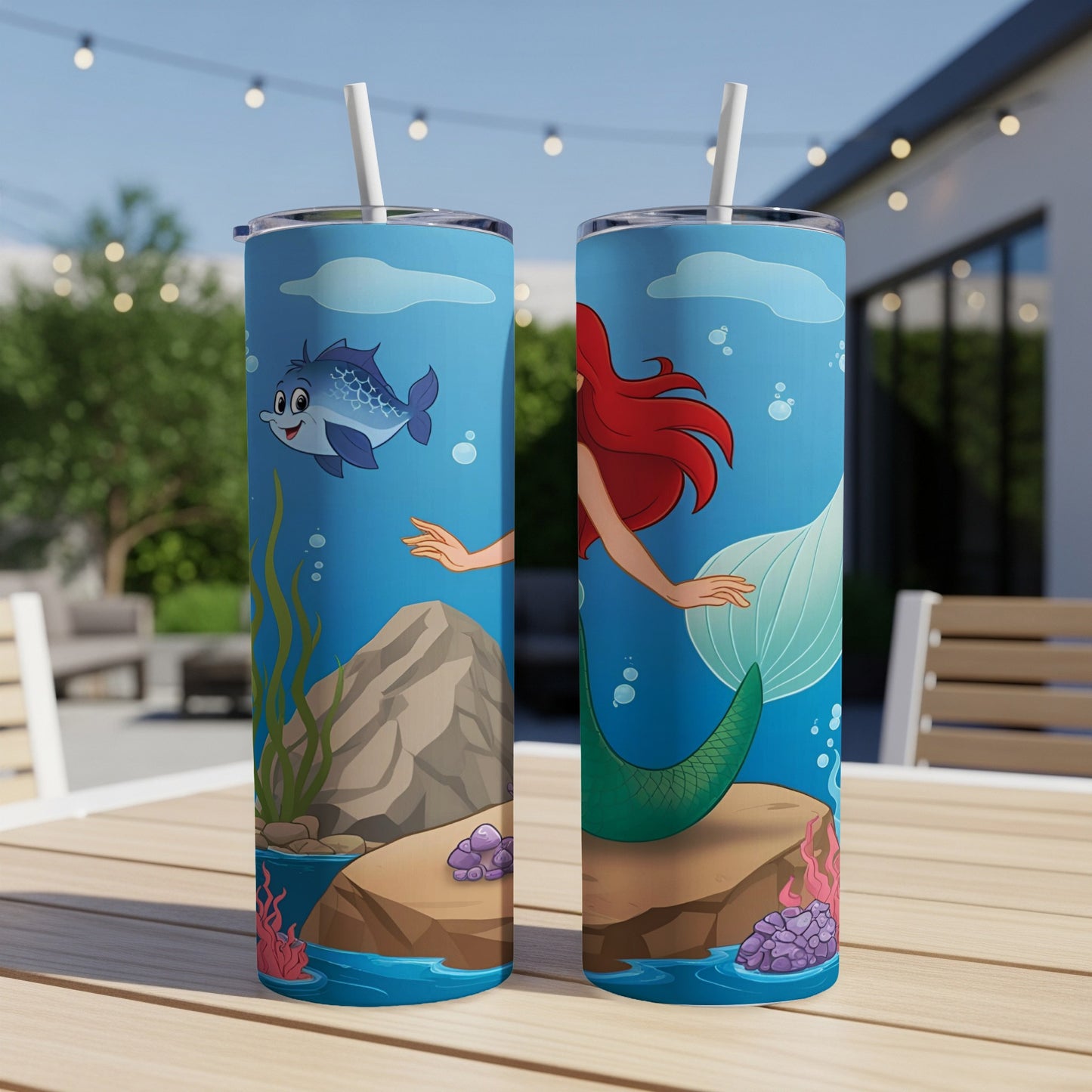 Two tumblers with a cartoon mermaid and fish underwater scene.