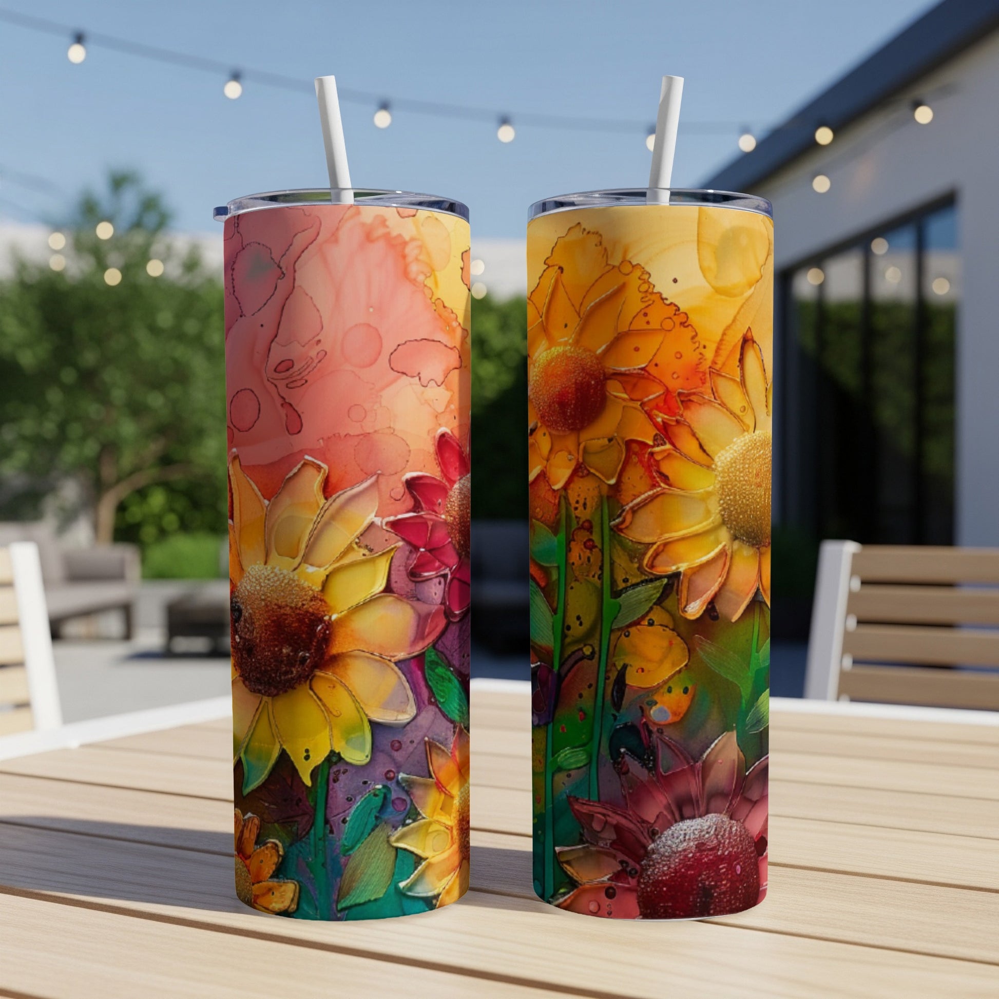 Two tall tumblers featuring a watercolor floral design of sunflowers.
