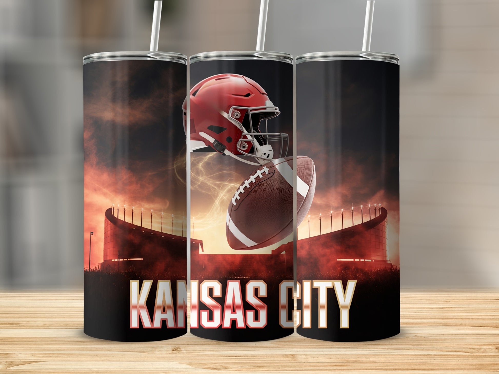 Kansas City football helmet and ball against stadium background.