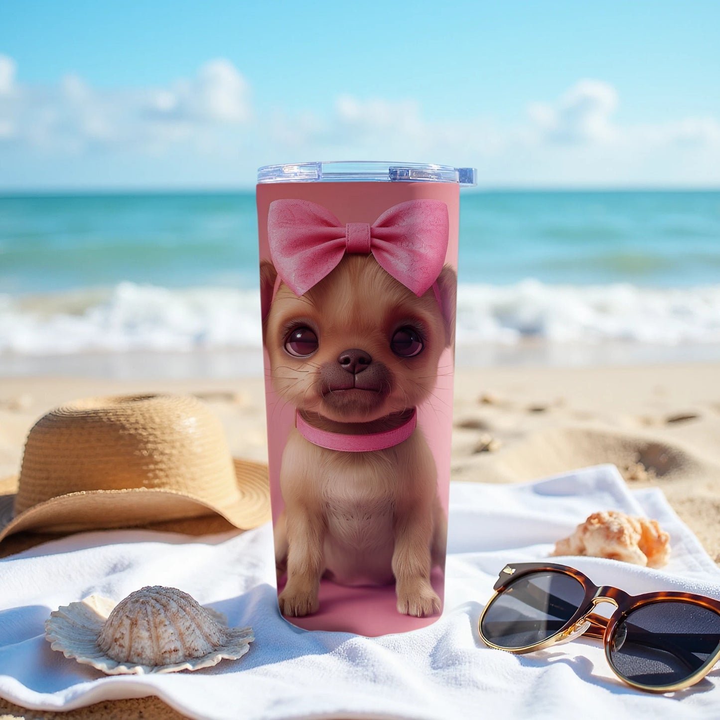 Adorable Chihuahua Puppy Pink Bow Beach Scene Tumbler product type