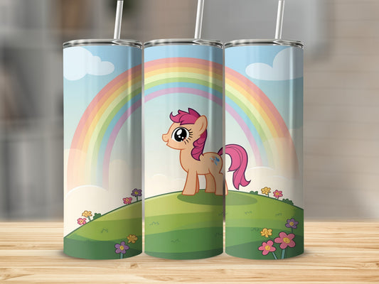 Pink cartoon pony with rainbow and flowers on rolling green hills.