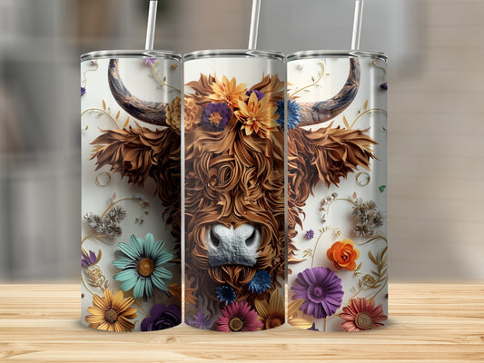 Highland cow with floral accents on three tumblers.