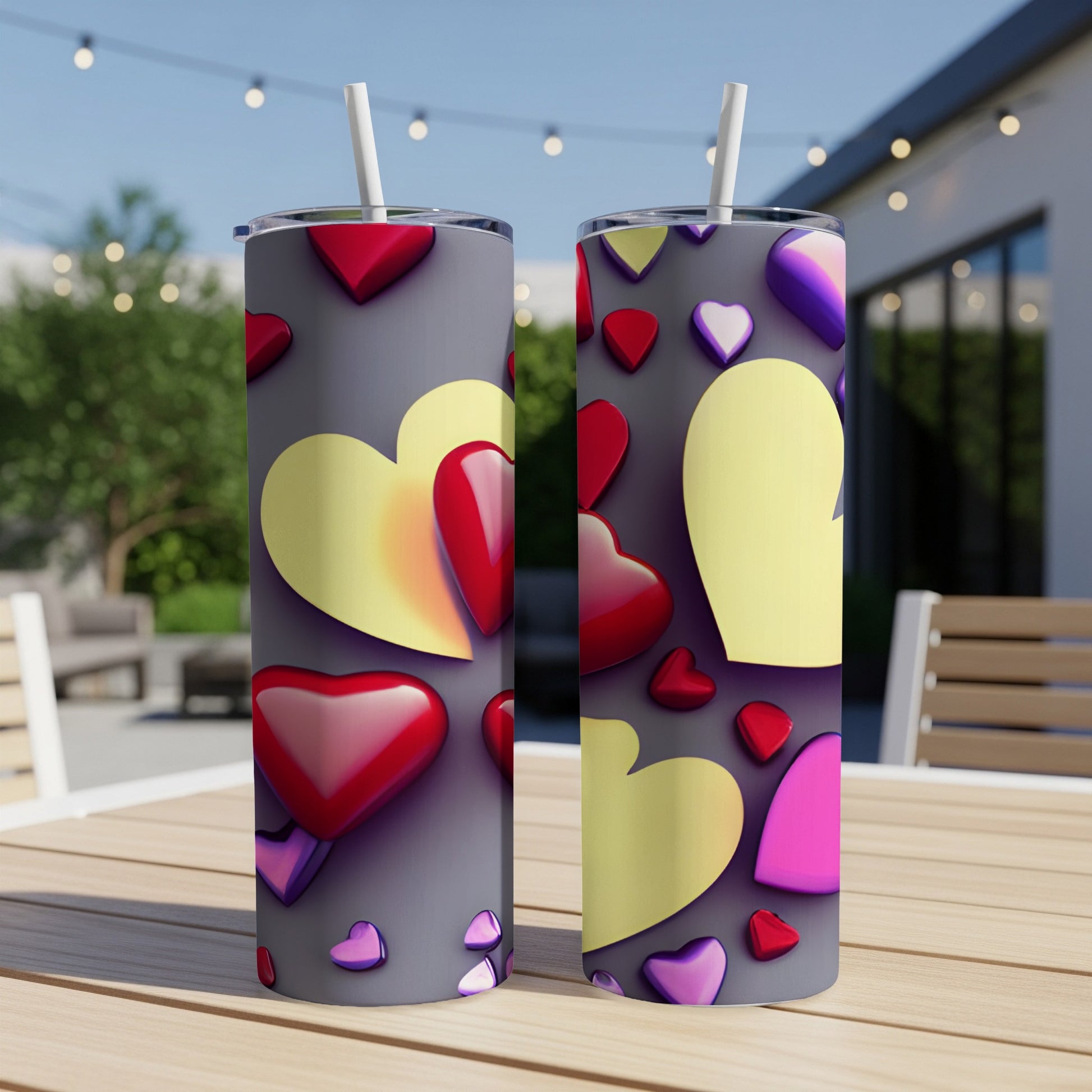 Two tumblers with a scattered heart pattern on an outdoor table.