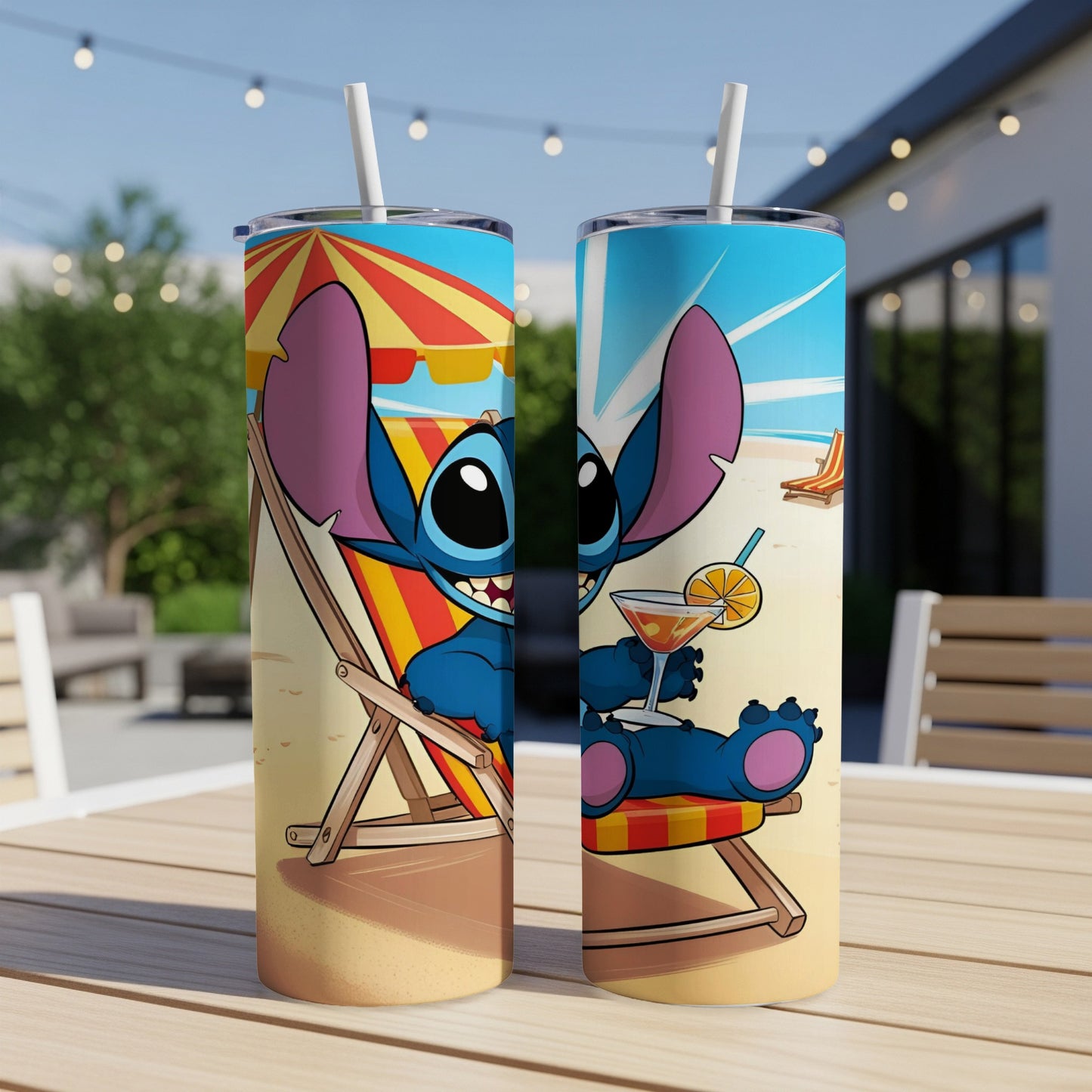 Stitch in a beach chair with a drink, on a skinny tumbler.