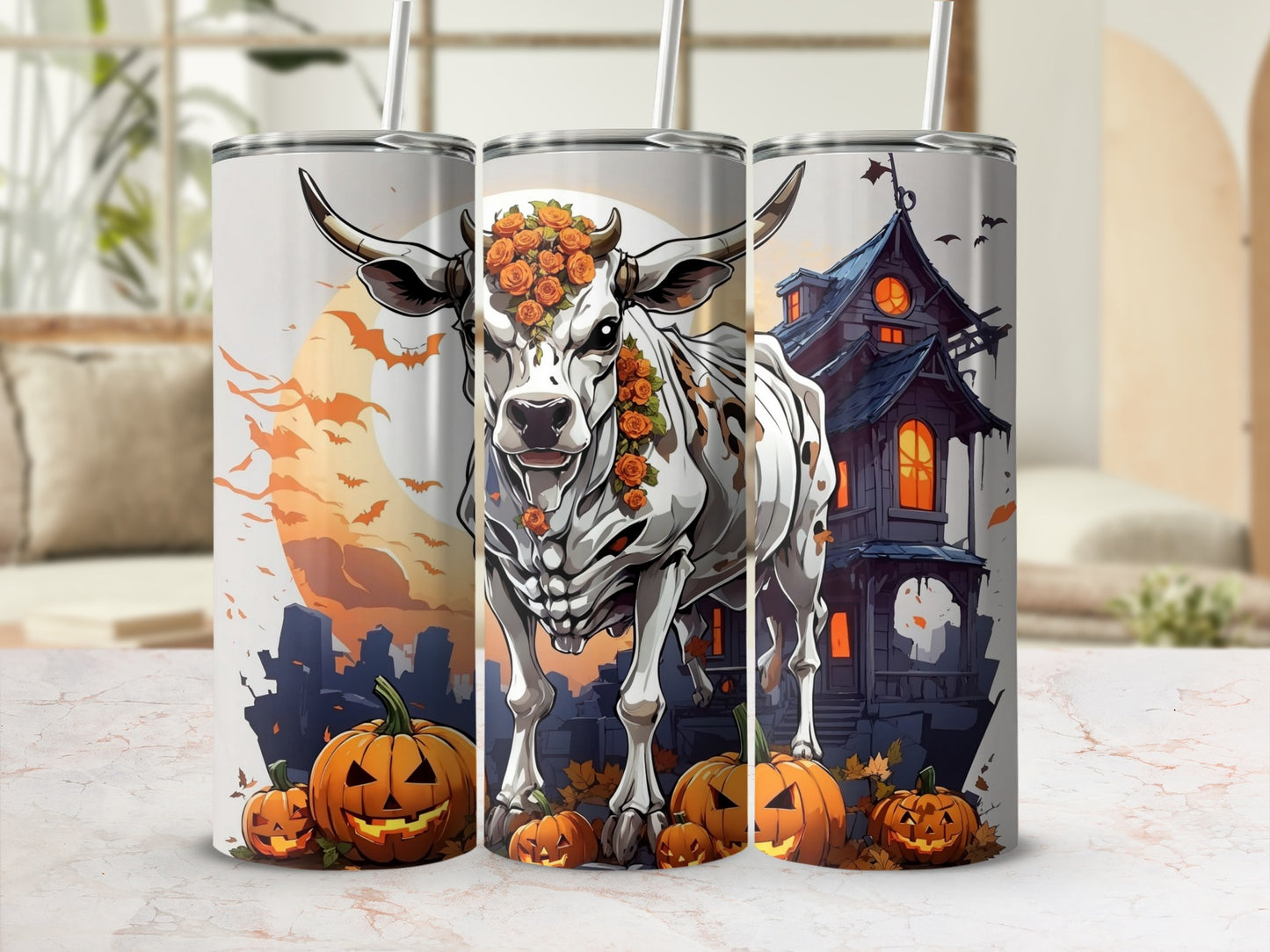 Halloween Cow and Pumpkins Themed Tumbler Design