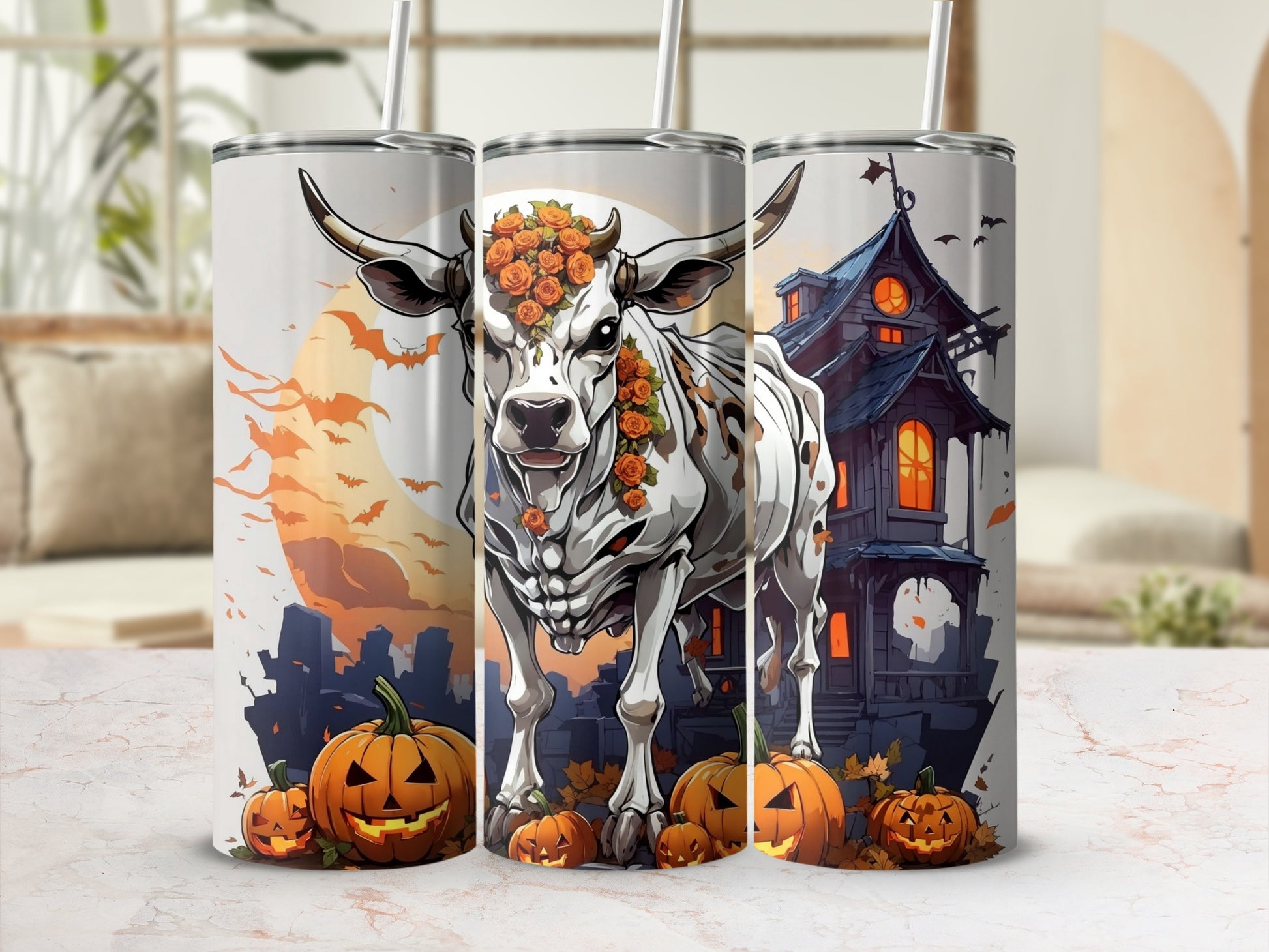 Halloween Cow and Pumpkins Themed Tumbler Design
