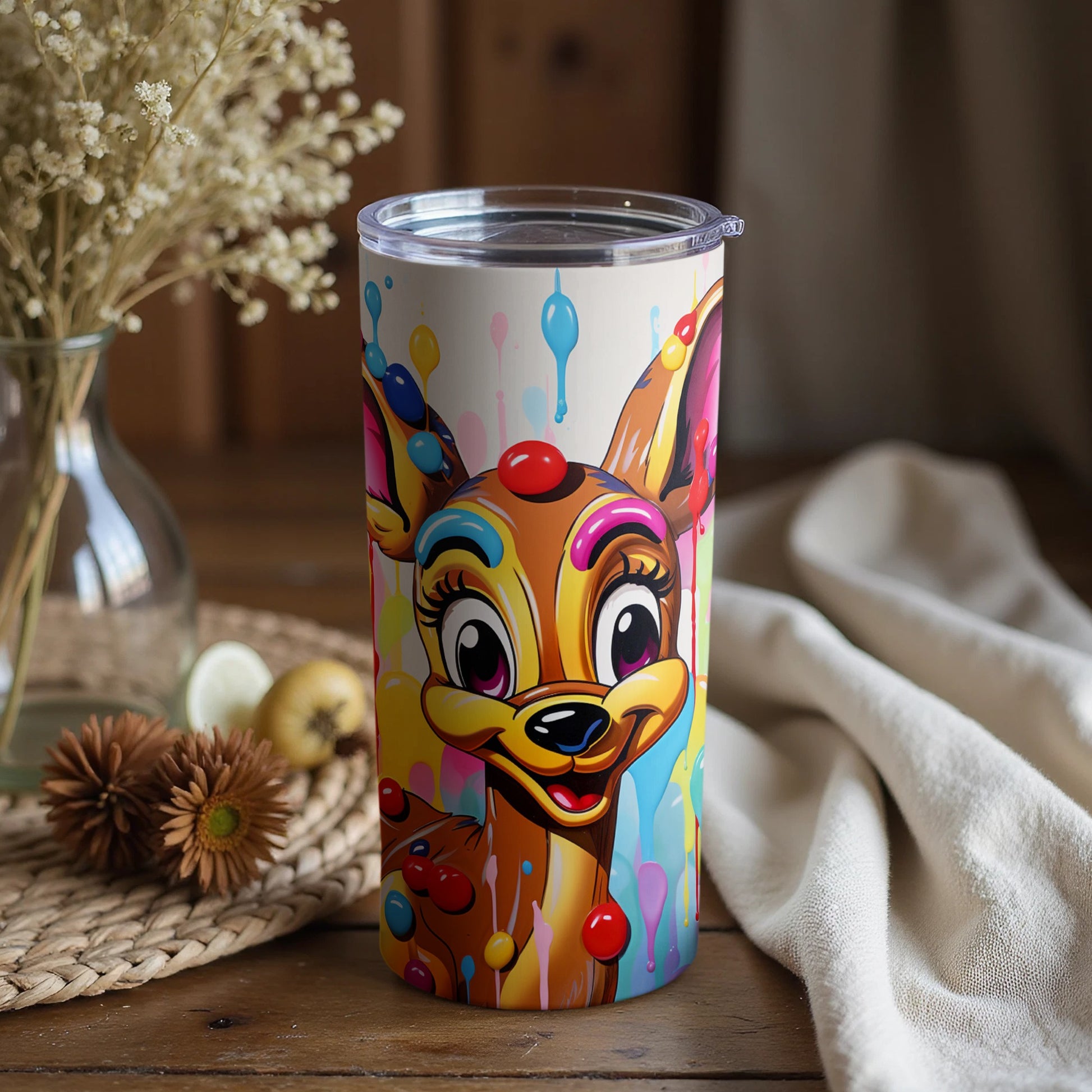 Colorful Playful Deer Travel Tumbler with Splash هنر