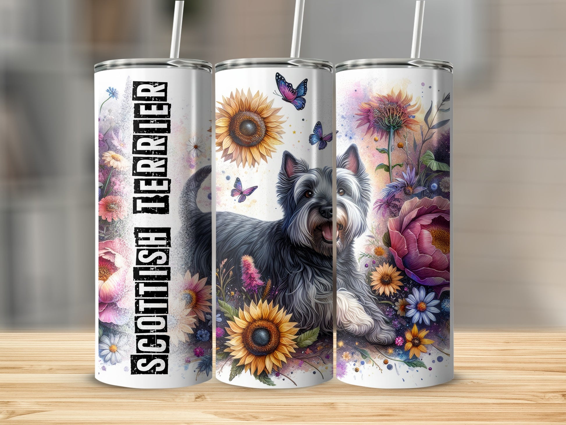 Scottish Terrier with sunflowers and flowers.