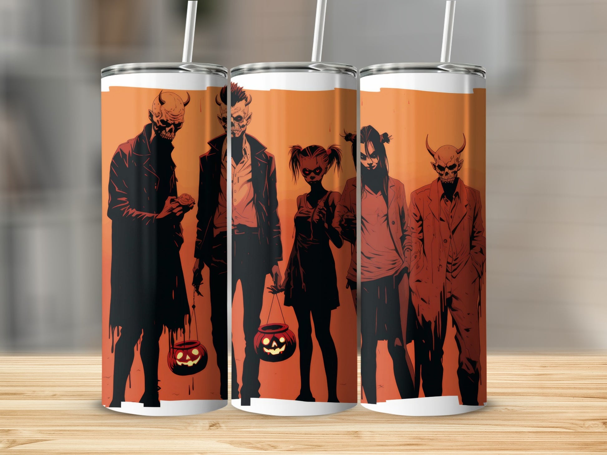 Five stylized figures with spooky Halloween designs on tumblers.