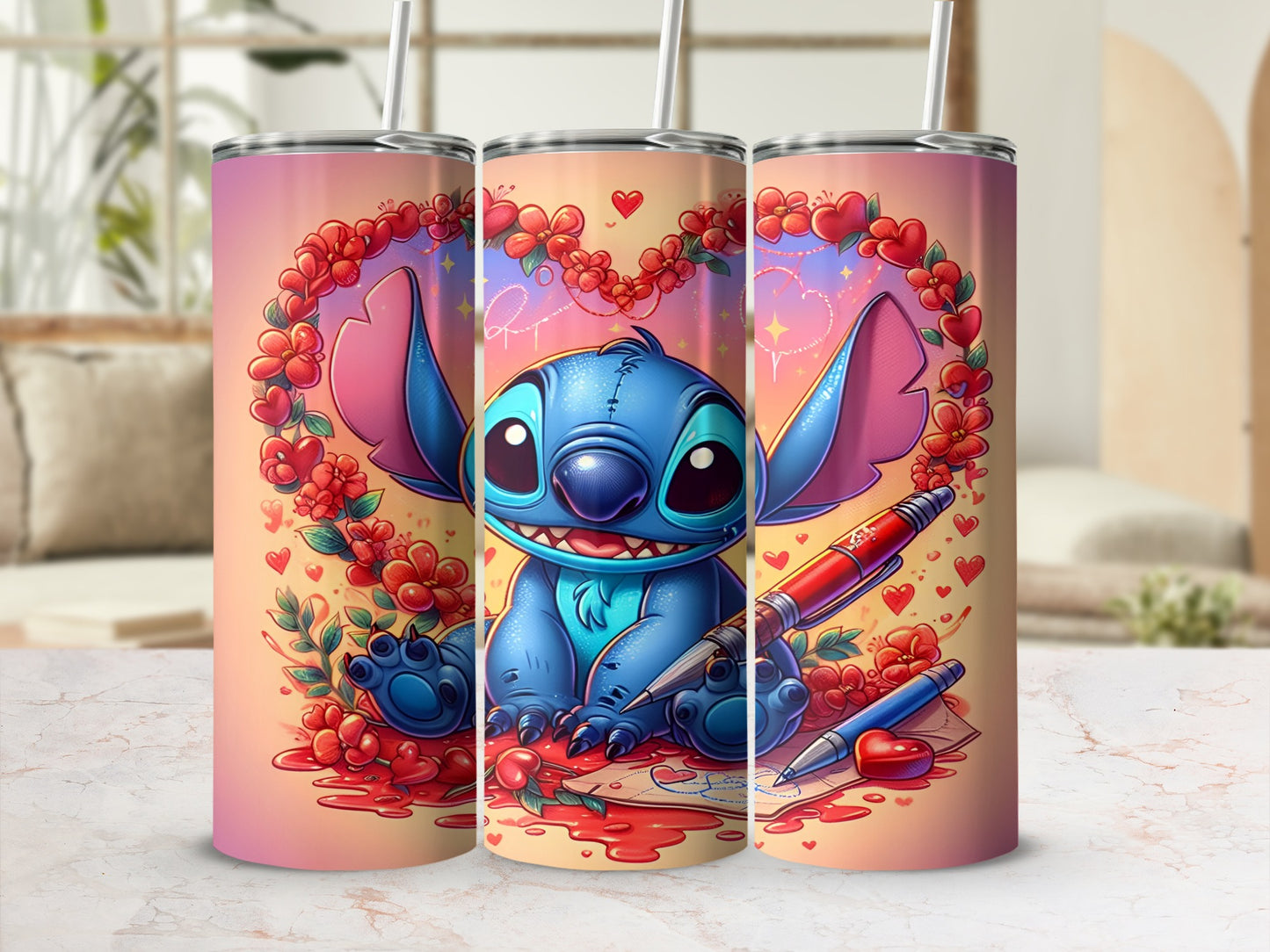 Triptych of Stitch holding a pen with hearts and flowers.