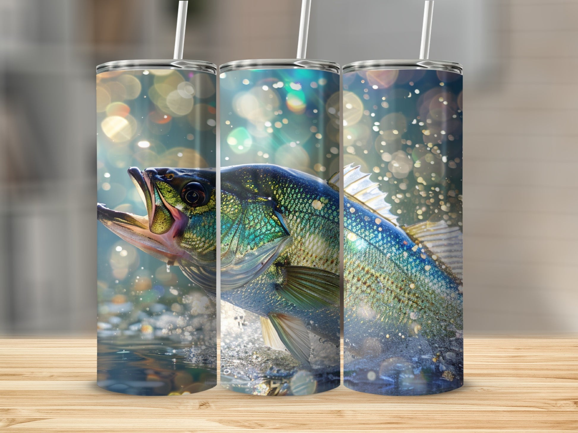 Three tumblers featuring a largemouth bass jumping from water.
