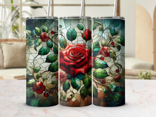 Triptych of tumblers with red rose and green leaves stained glass design.