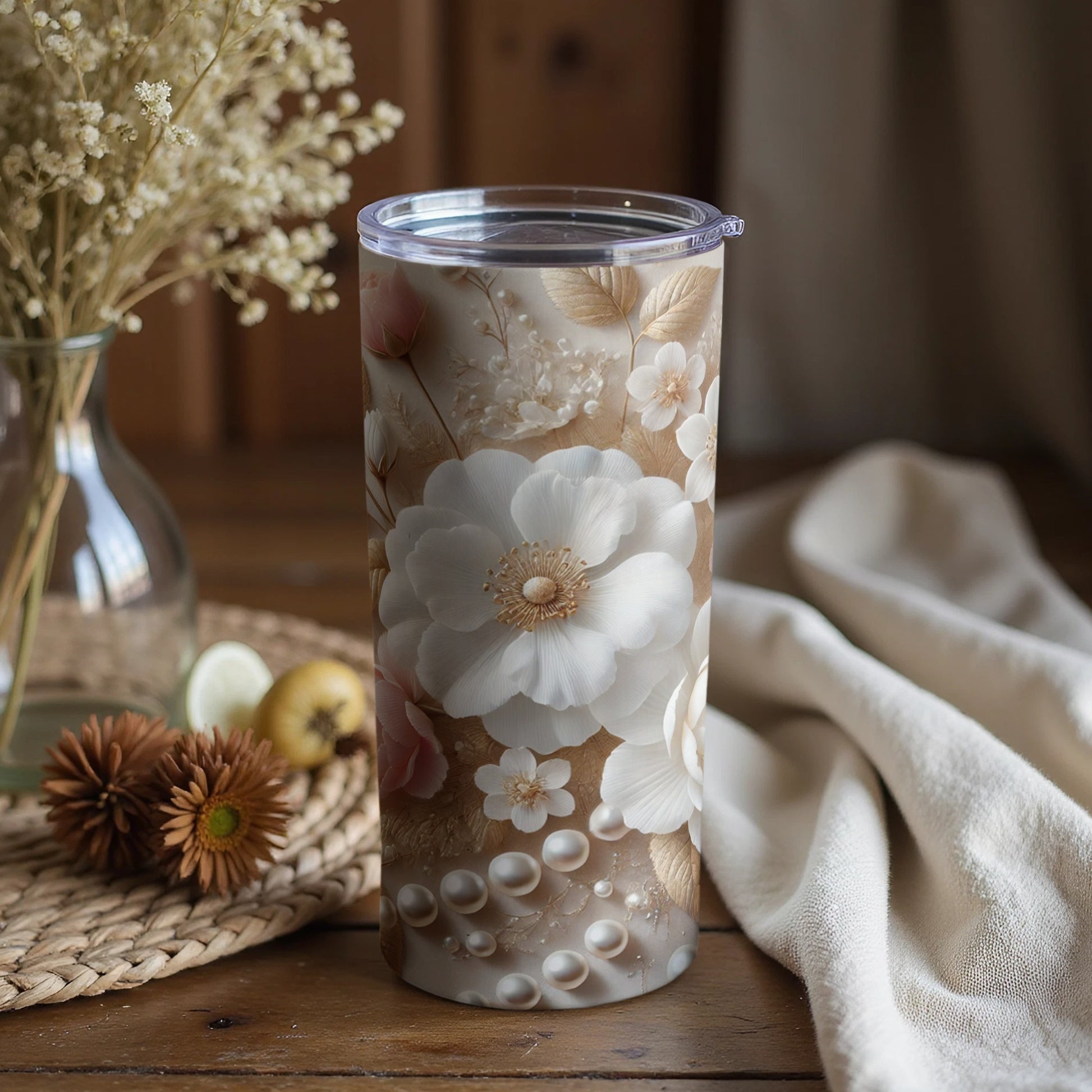 Elegant Floral Pattern Travel Tumbler with Lid