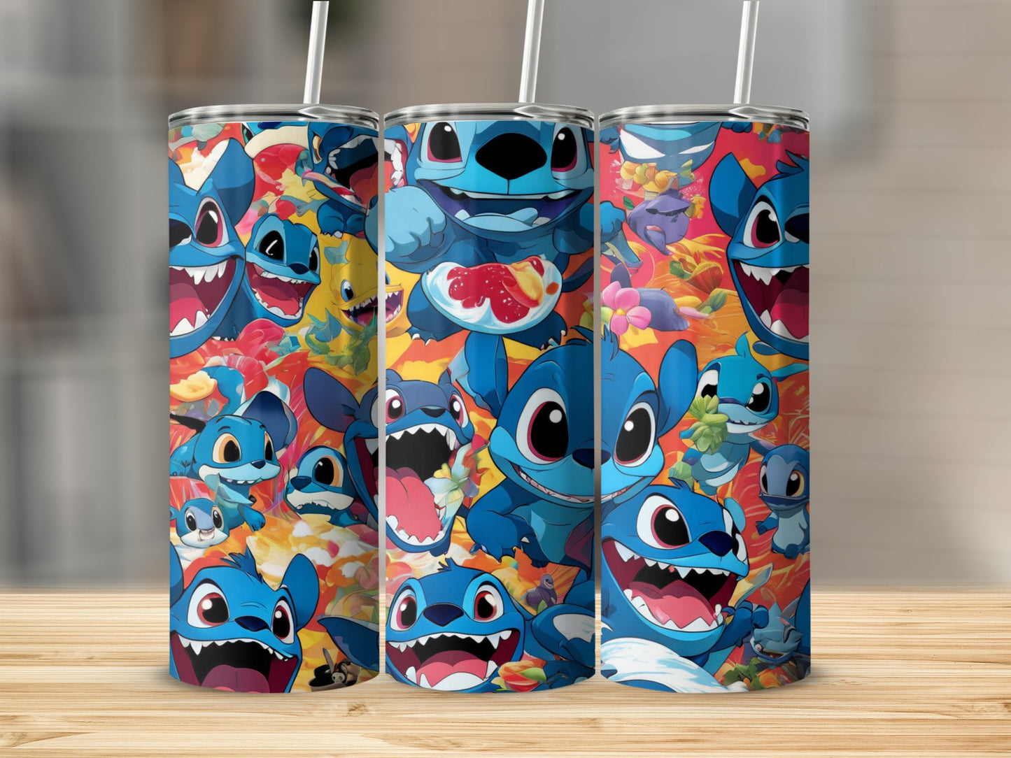 Multiple Stitch characters with various expressions on a colorful tumbler.