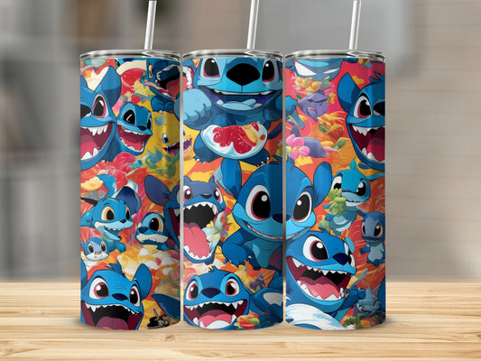 Multiple Stitch characters with various expressions on a colorful tumbler.
