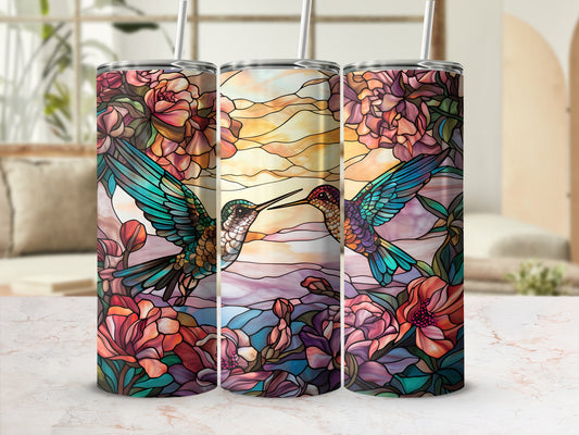 Hummingbirds in a stained-glass floral design on three tumblers.